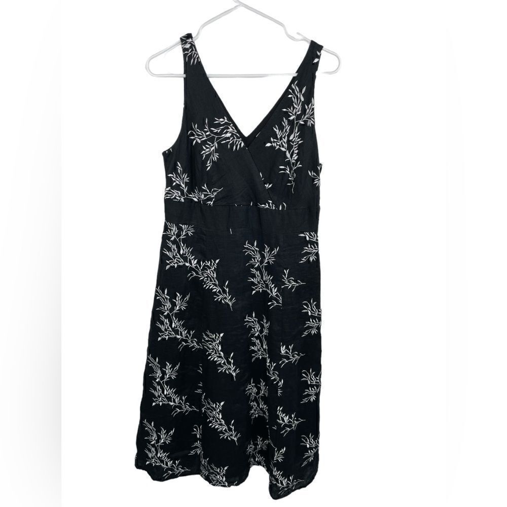 Peter Nygard Womens Fit &Flare Dress Black Floral Tie Waist V Neck Linen Medium